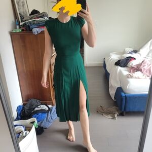 Reformation Green Midi Dress with Flutter Sleeves and Crew Neck